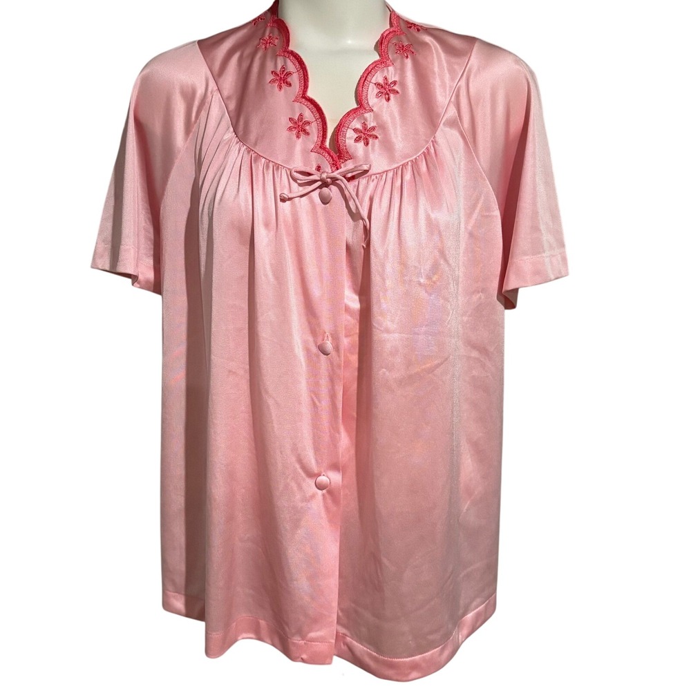 Vintage JCPenney Pink Nylon Bed Jacket Floral Embroidered Sleepwear Top Medium